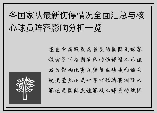 各国家队最新伤停情况全面汇总与核心球员阵容影响分析一览